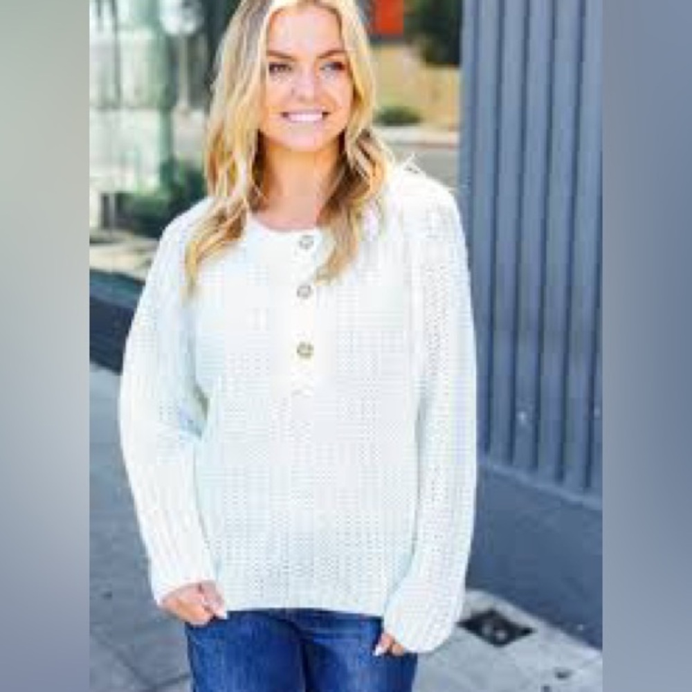 White Knit Henley Style Sweater, Soft, Relaxed Fit, Size Medium